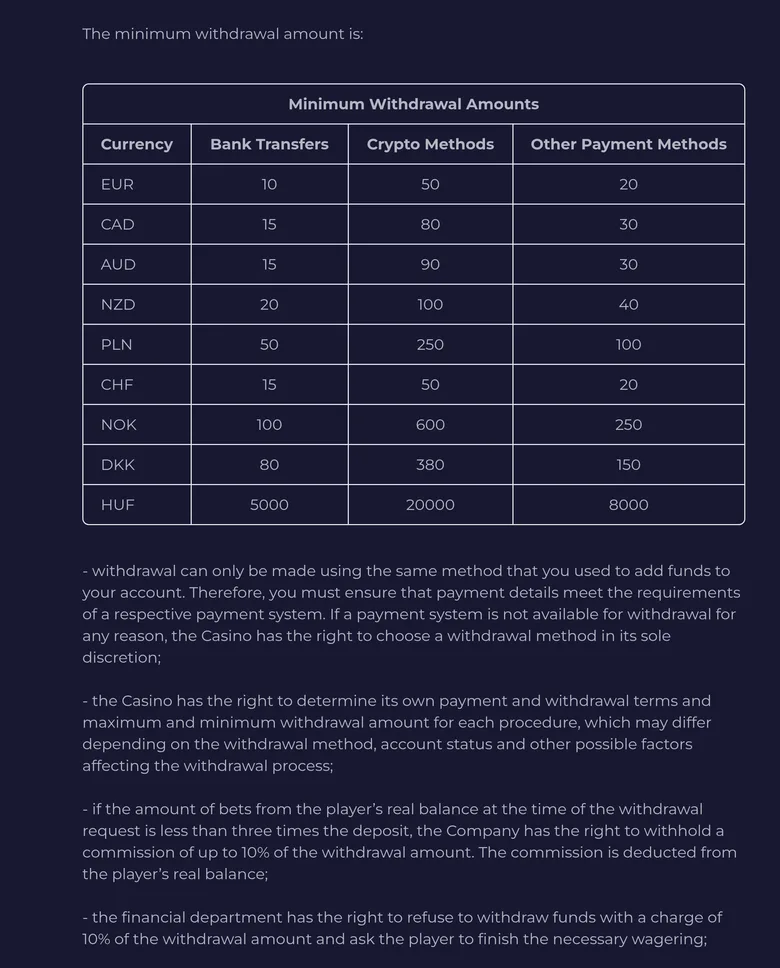 Slota T&C 9.3 minimum withdrawal table and the rule on a 10% commission