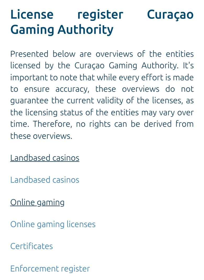 Curacao Gaming Authority License register page with links to its registries