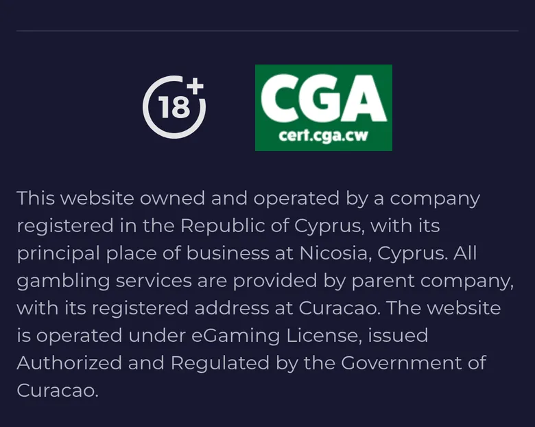 Slota site footer with an unlinked CGA badge and an operator text that names no company