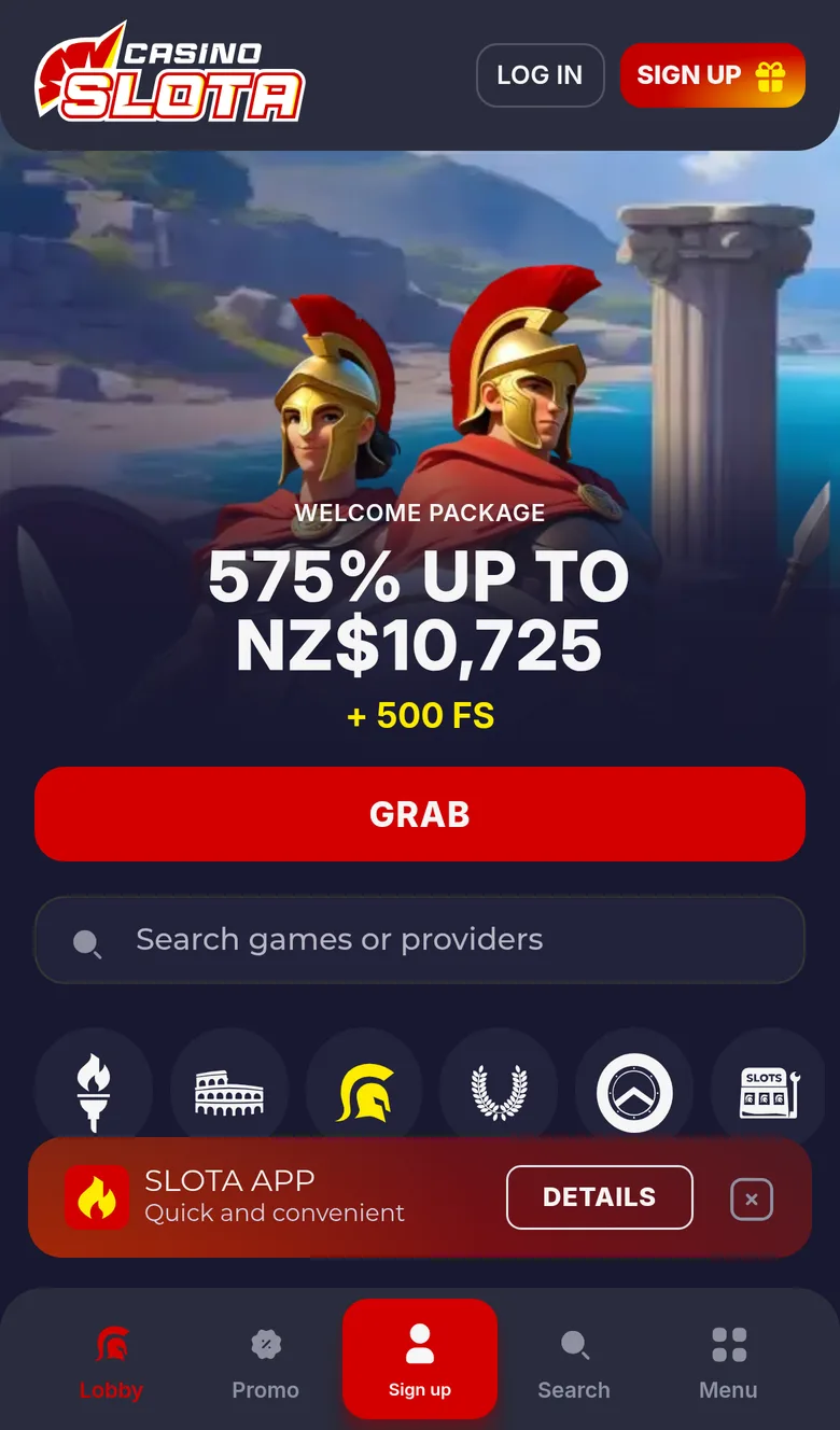 Slota casino home page on a phone in New Zealand with the welcome package banner