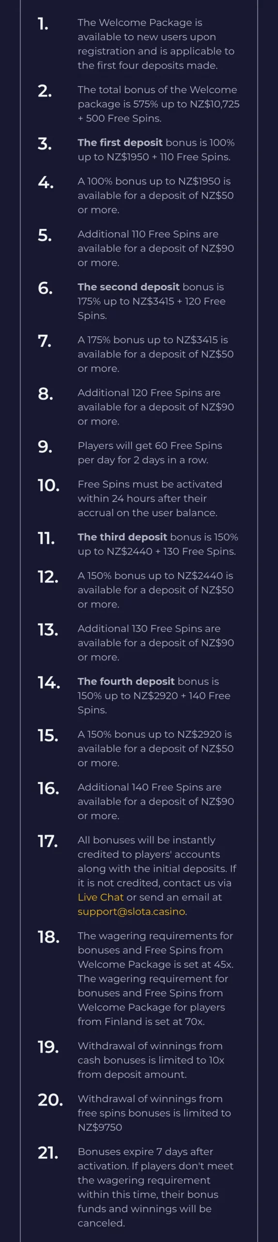 Slota welcome package terms 1 to 21: deposit bonuses, 45x wagering, 10x deposit cash-out cap, 7 days