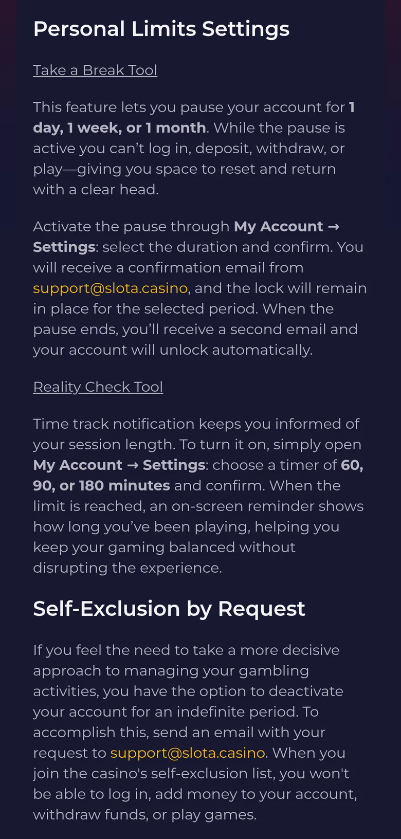 Slota Responsible Gaming page: take a break, reality check and self-exclusion by email