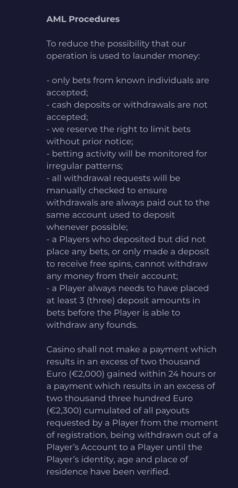 Slota T&C 11.1 AML procedures requiring bets of three deposit amounts before any withdrawal