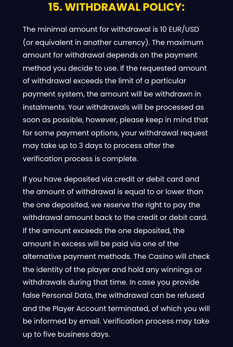 SlotsGem T&C section 15 withdrawal policy: 10 EUR/USD minimum, up to 3 days after verification