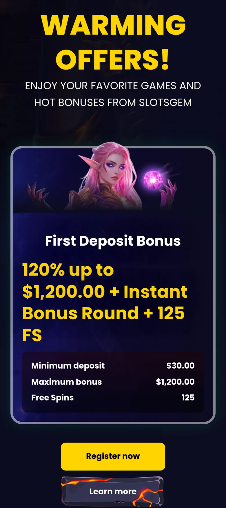 SlotsGem first deposit bonus card: 120% up to $1,200 + Instant Bonus Round + 125 FS, minimum deposit $30