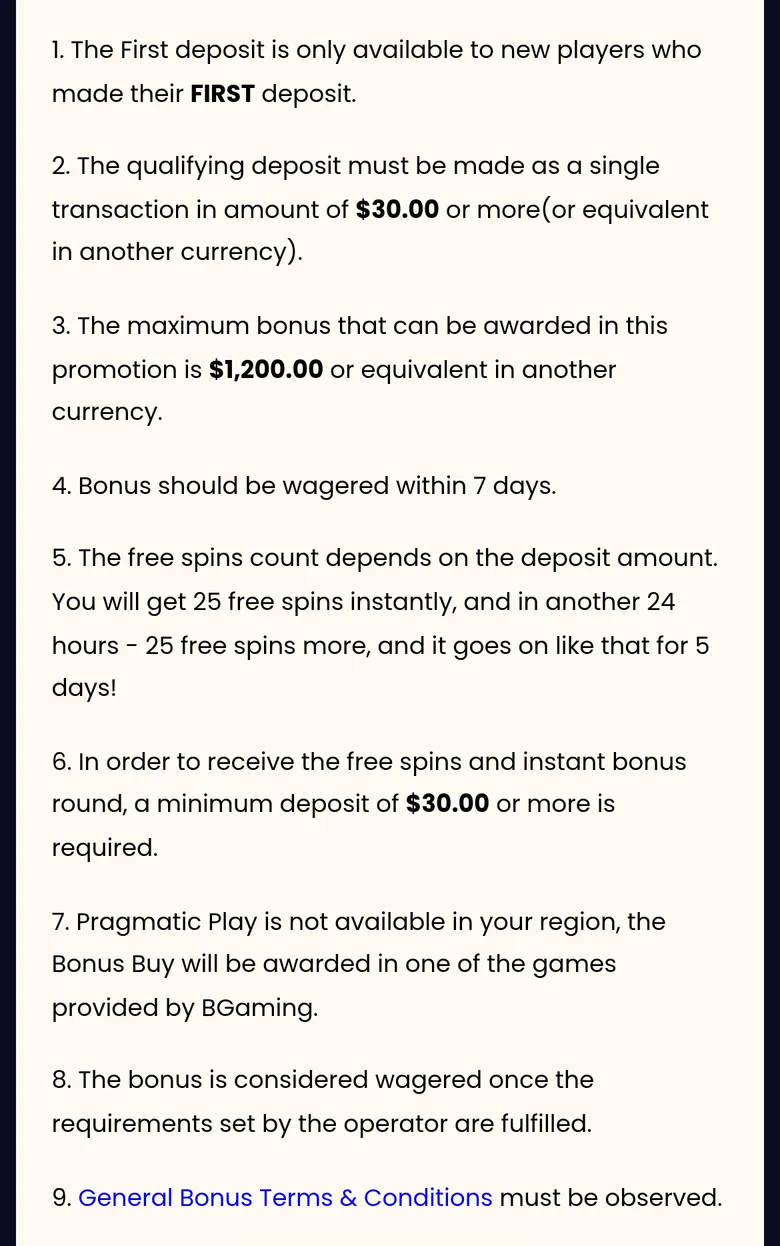 SlotsGem first deposit bonus terms: 7 days to wager, wagered once the operator's requirements are fulfilled