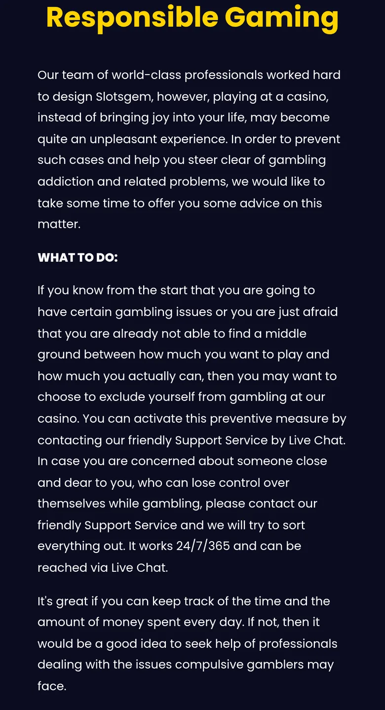 SlotsGem Responsible Gaming page offering self-exclusion through live chat
