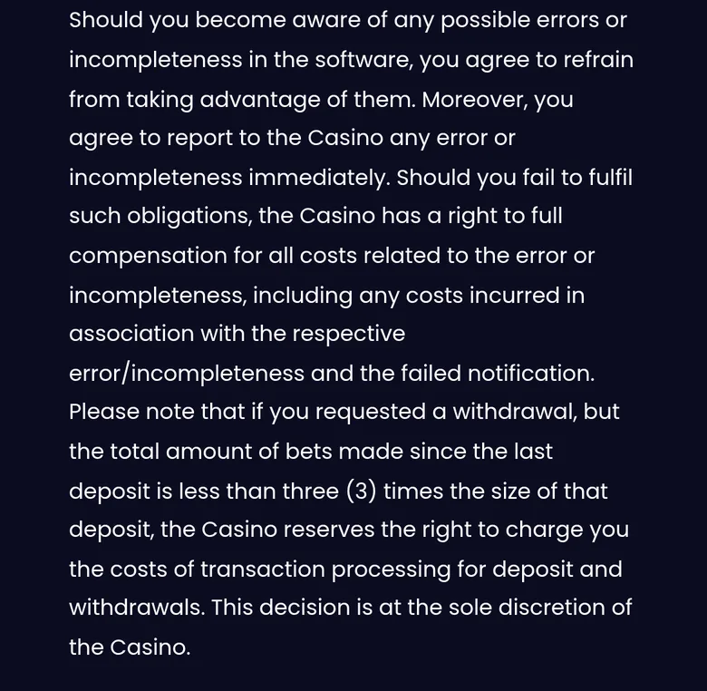SlotsGem T&C section 12 allowing transaction costs to be charged if a deposit was not wagered three times