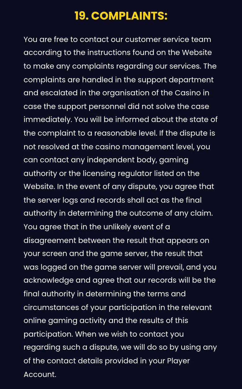 SlotsGem T&C section 19 on complaints and server logs as the final authority