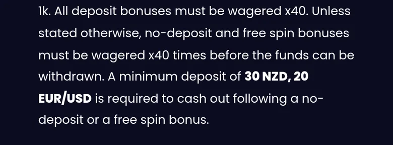 SlotsGem general bonus terms clause 1k: all deposit bonuses must be wagered x40