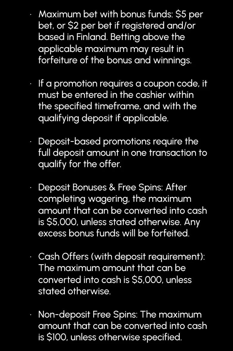 Spin Grande general bonus rules on the $5 maximum bet and the $5,000 cash-out cap