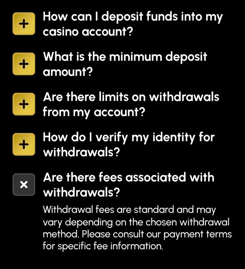 Spin Grande FAQ payments questions with the withdrawal fees answer open