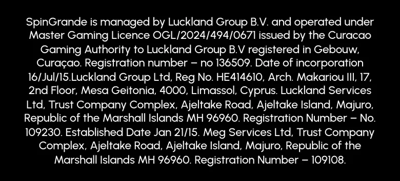 Spin Grande site footer naming Luckland Group B.V. and licence OGL/2024/494/0671