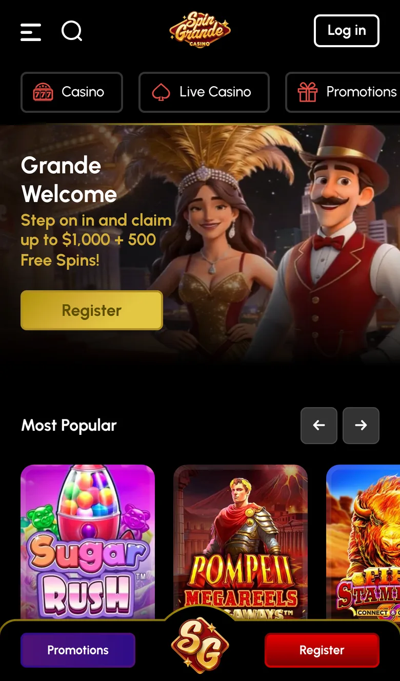 Spin Grande home page on a phone in New Zealand with the Grande Welcome banner and the Most Popular pokies