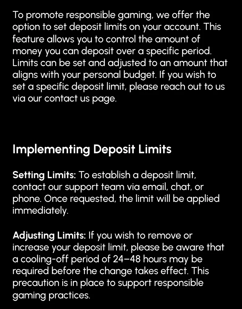 Spin Grande Responsible Gaming page on setting and adjusting deposit limits through support