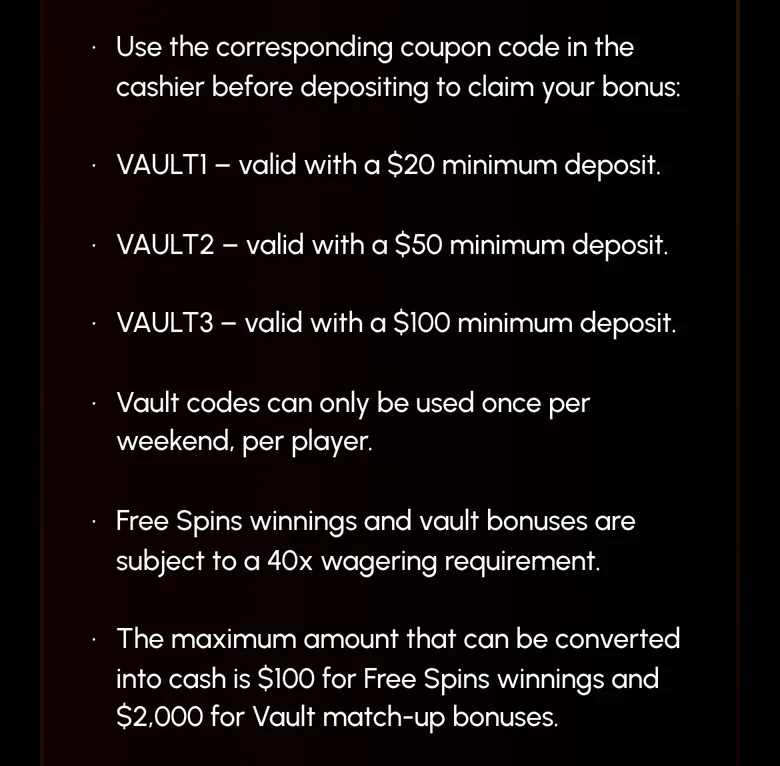 Spin Grande Weekend Riches vault codes with 40x wagering and cash-out caps