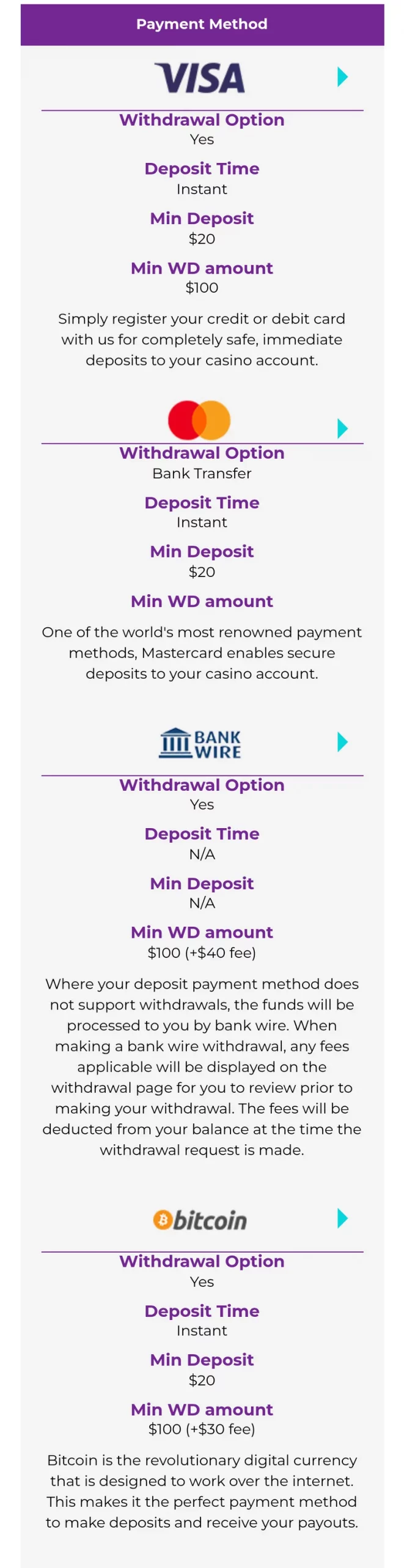 Spin Samba Banking page with minimum deposits, minimum withdrawals and payout fees