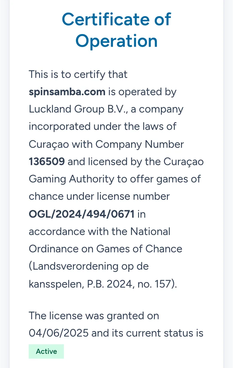 Curacao Gaming Authority certificate for spinsamba.com showing status Active