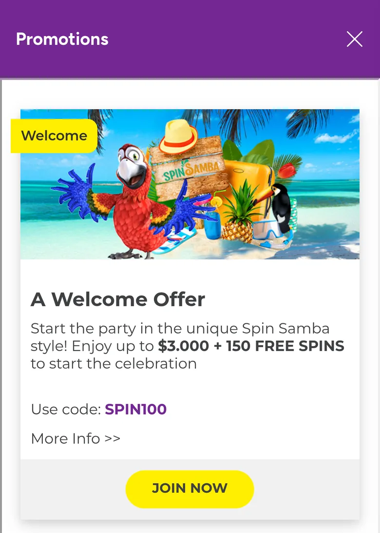 Spin Samba welcome offer card in the lobby Promotions view with code SPIN100