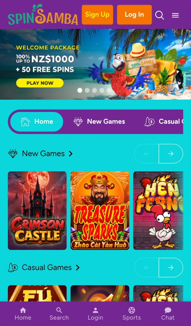 Spin Samba lobby on a phone in New Zealand with a welcome banner in NZ$