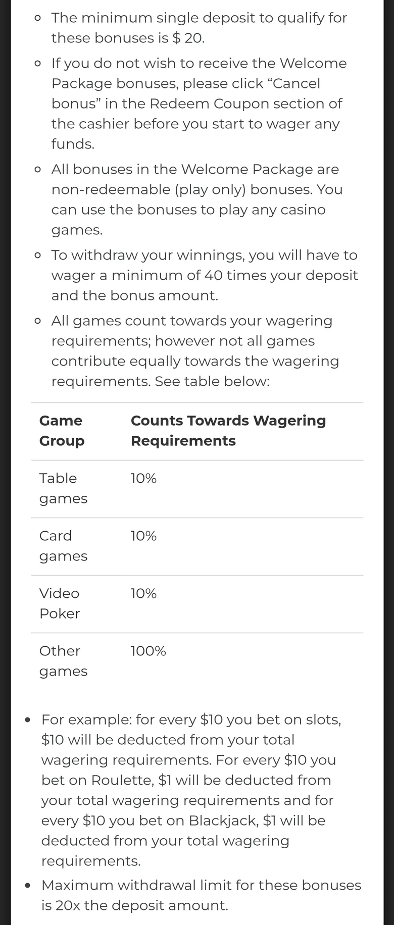 Spin Samba welcome package terms with 40x wagering on deposit plus bonus and a 20x deposit cash-out cap