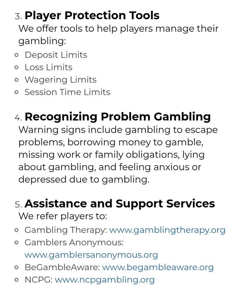 Spin Samba Responsible Gaming page listing player protection tools and help services