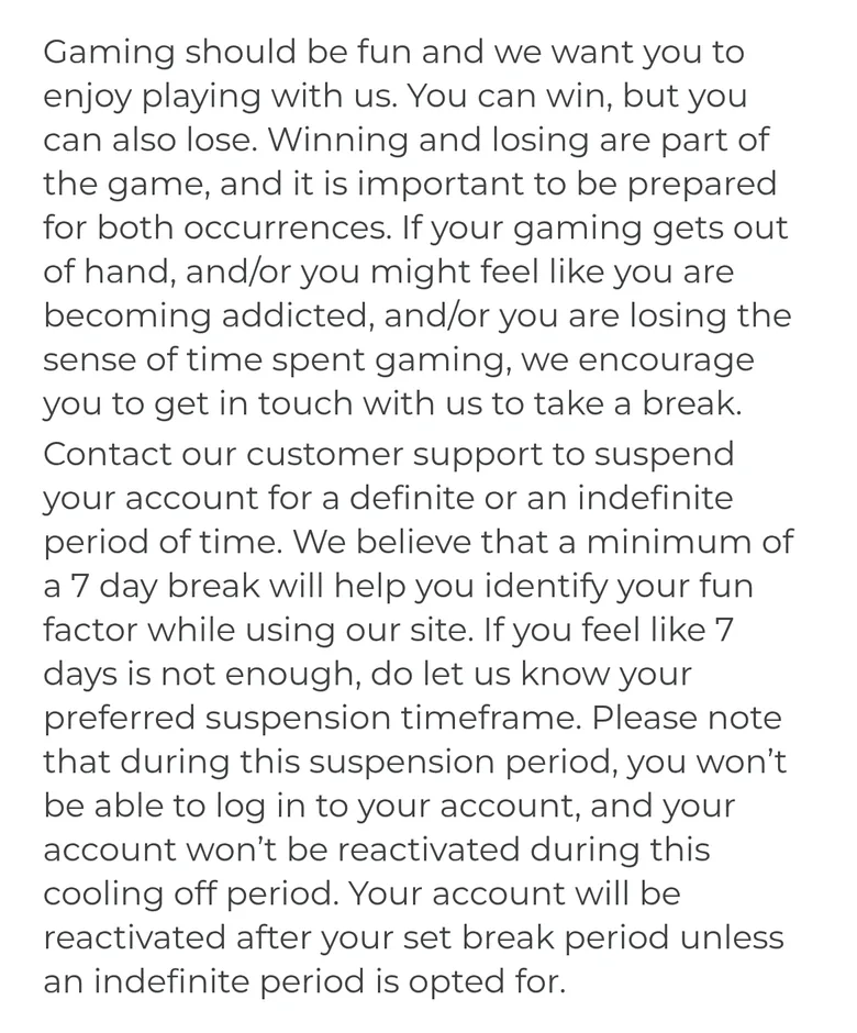 Spin Samba Self-Exclusion page on suspending an account through customer support