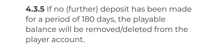 Spin Samba T&C clause 4.3.5 on removing the balance after 180 days without a deposit