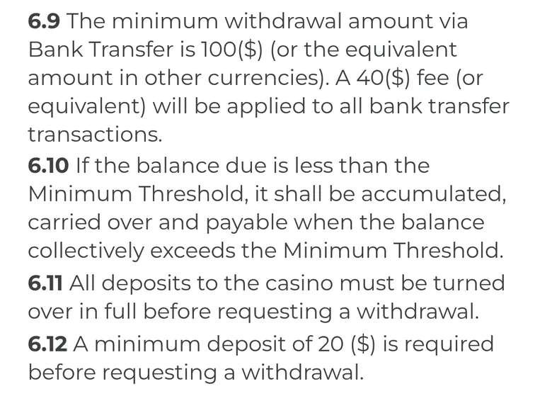 Spin Samba T&C clauses 6.9 to 6.12 on the bank transfer fee and turning deposits over