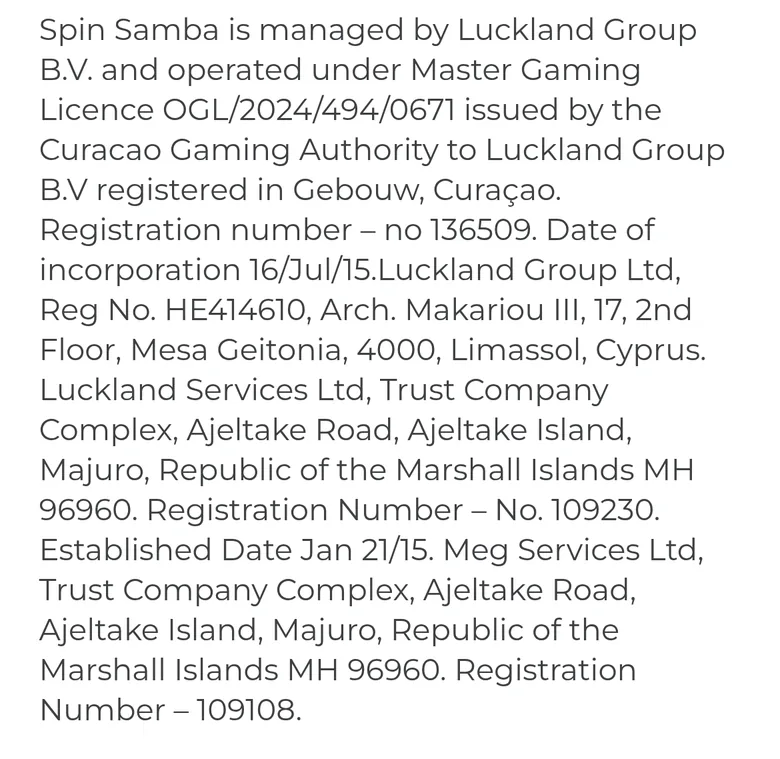 Spin Samba T&C paragraph naming Luckland Group B.V. and licence OGL/2024/494/0671