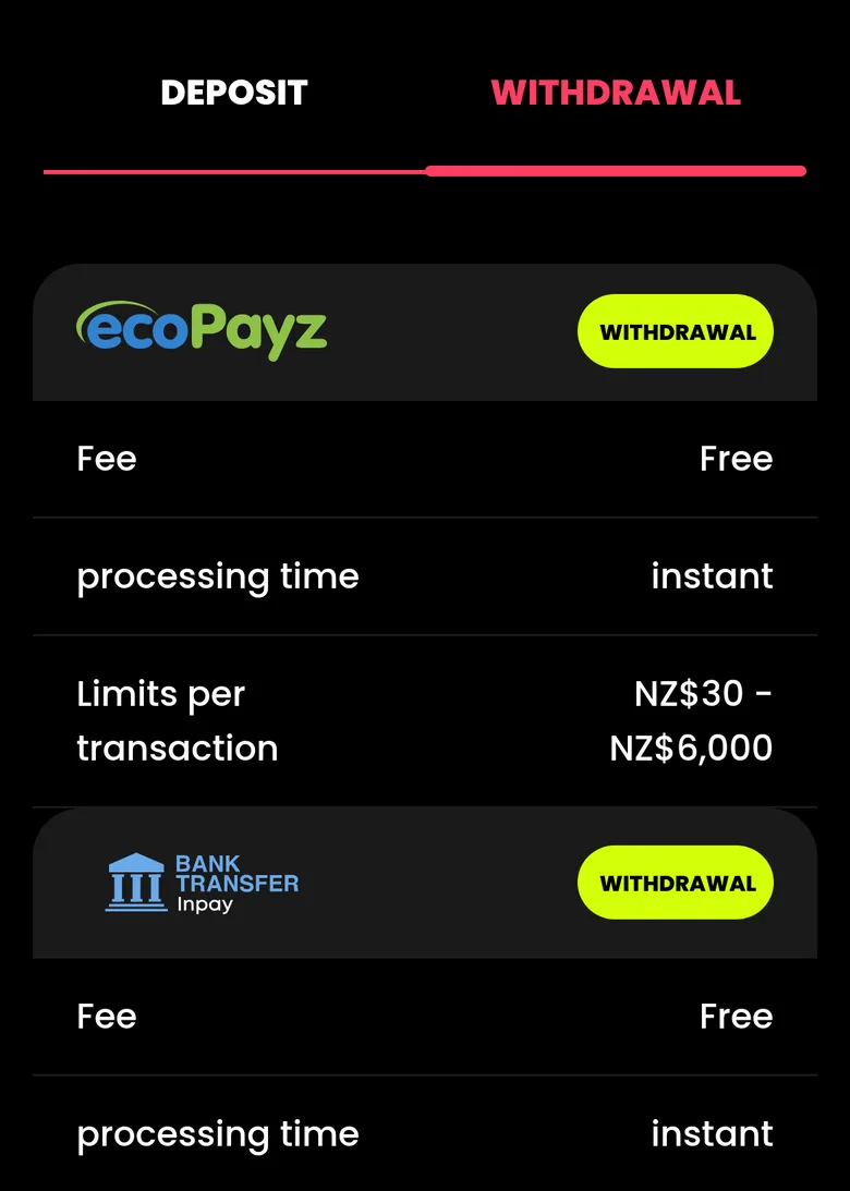 Spin Samurai Banking page withdrawal tab with ecoPayz from NZ$30 and Inpay bank transfer, both free and instant