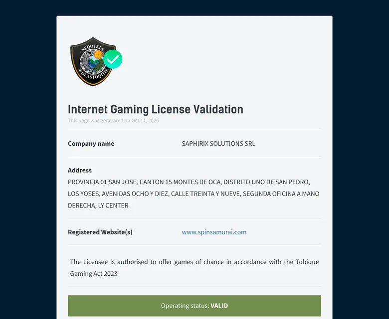 Tobique Gaming Commission validation page for www.spinsamurai.com showing Saphirix Solutions SRL and operating status VALID