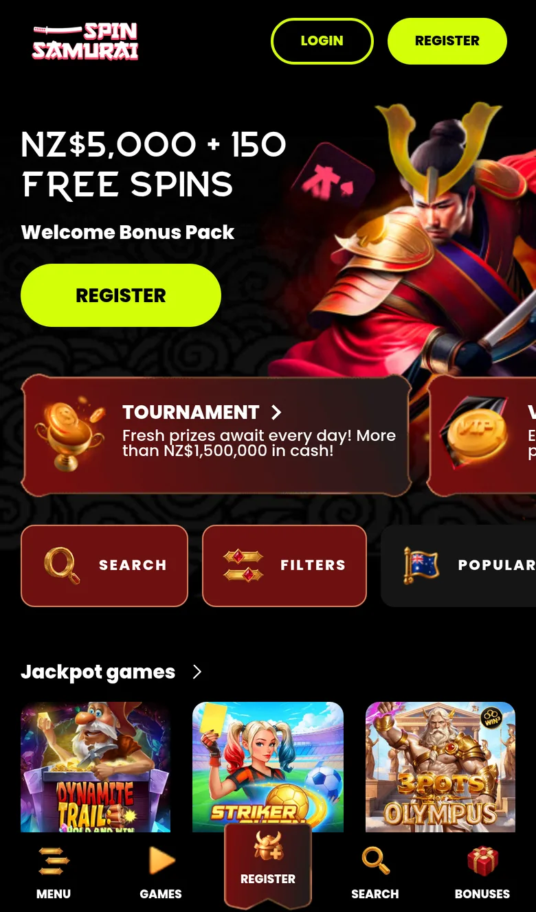 Spin Samurai home page and lobby on a phone in New Zealand