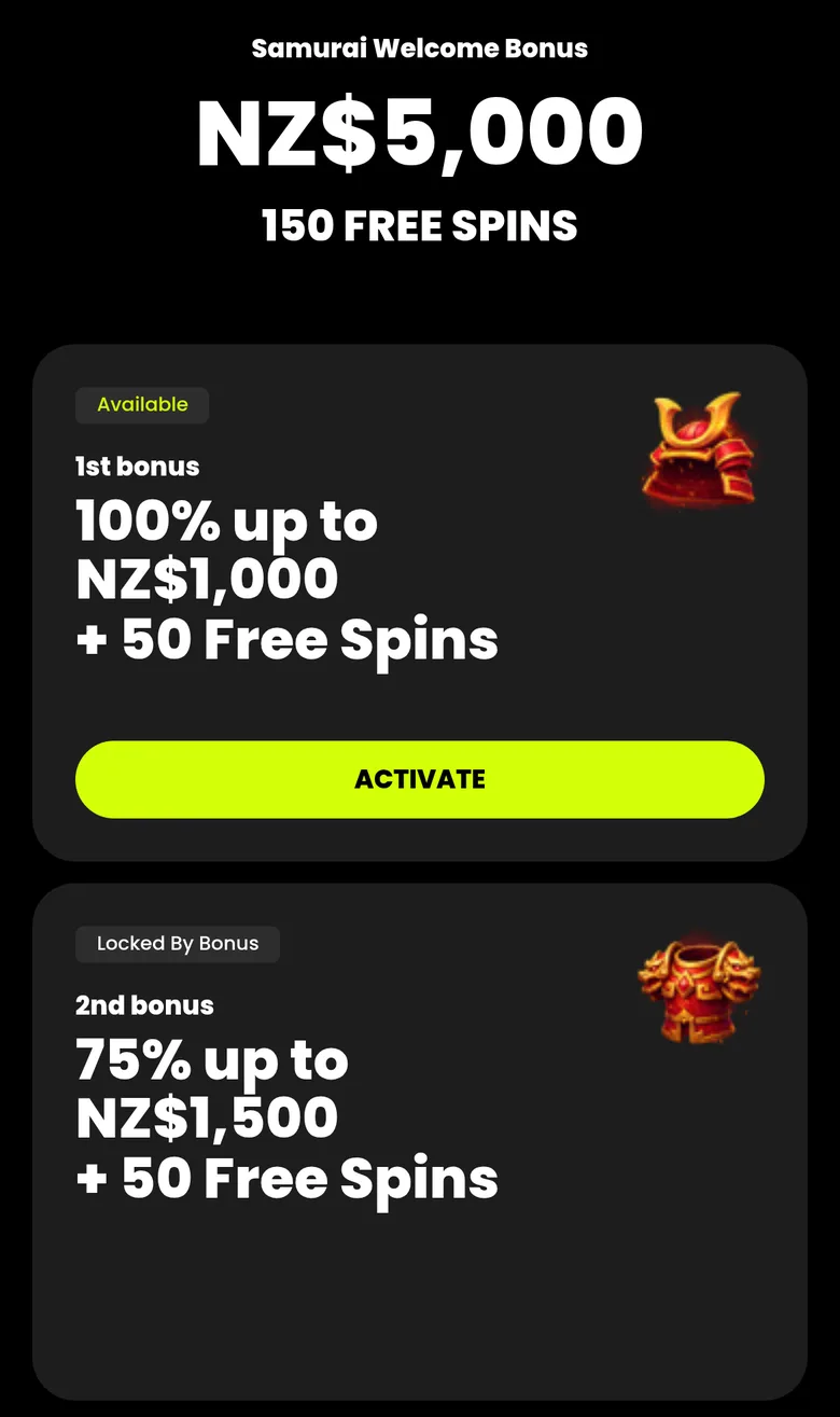 Spin Samurai welcome bonus cards: 100% up to NZ$1,000 + 50 free spins and 75% up to NZ$1,500 + 50 free spins