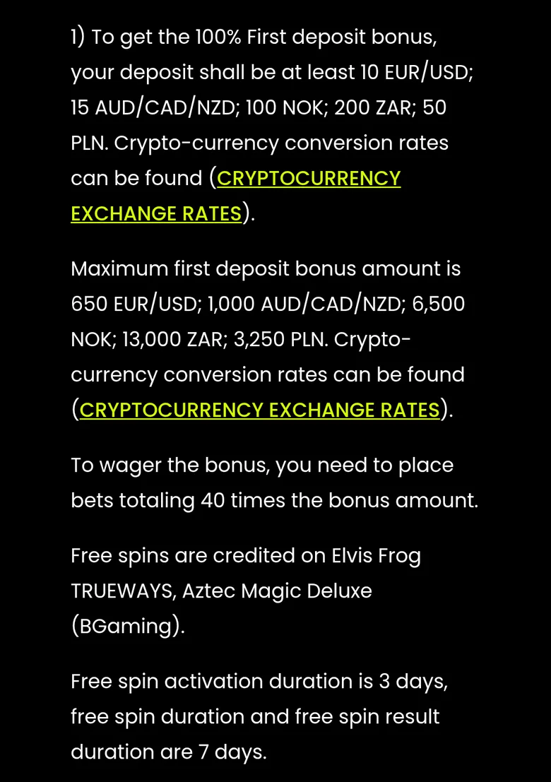 Spin Samurai bonus terms for the first deposit bonus: 15 NZD minimum, 1,000 NZD maximum, 40 times the bonus
