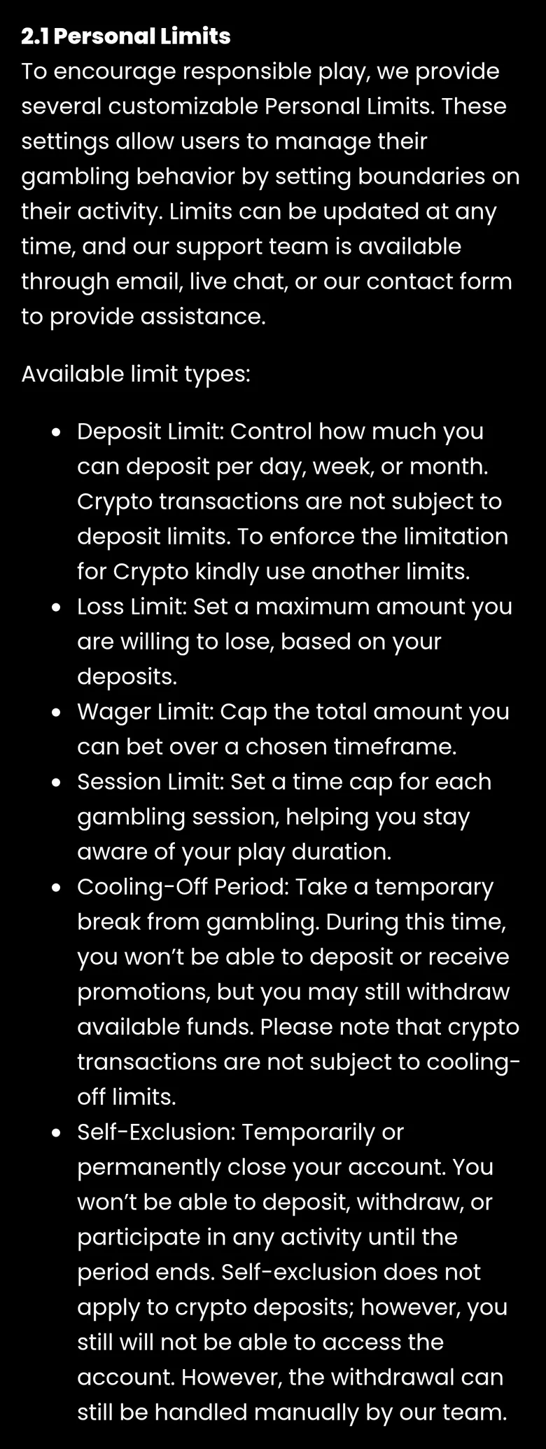 Spin Samurai Responsible Gambling page section 2.1 listing deposit, loss, wager and session limits, cooling-off and self-exclusion