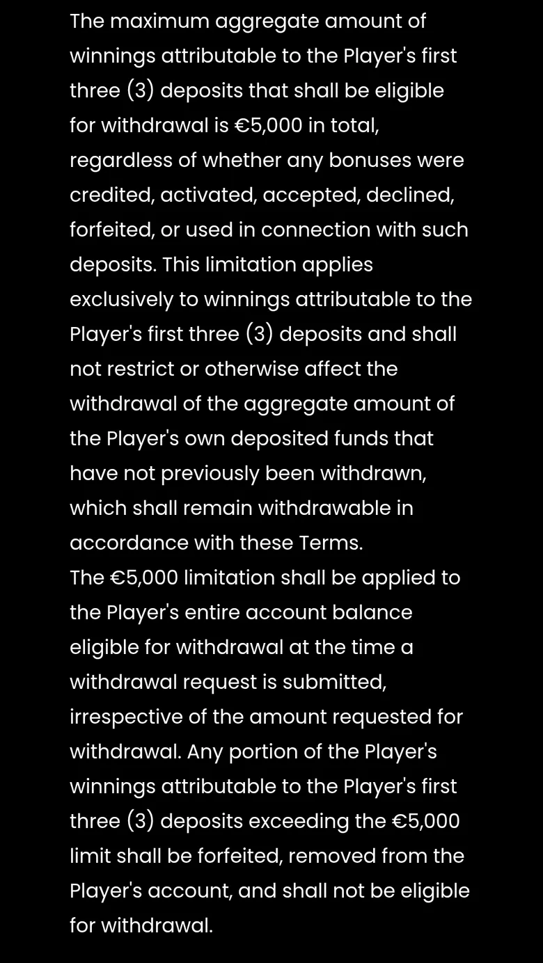 Spin Samurai T&C clause 11.7 capping winnings from the first three deposits at 5,000 euros