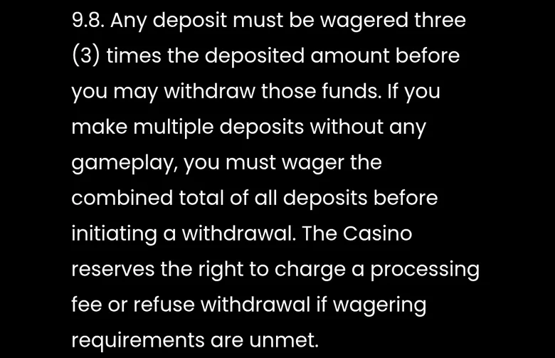 Spin Samurai T&C clause 9.8 requiring each deposit to be wagered three times, with a possible processing fee