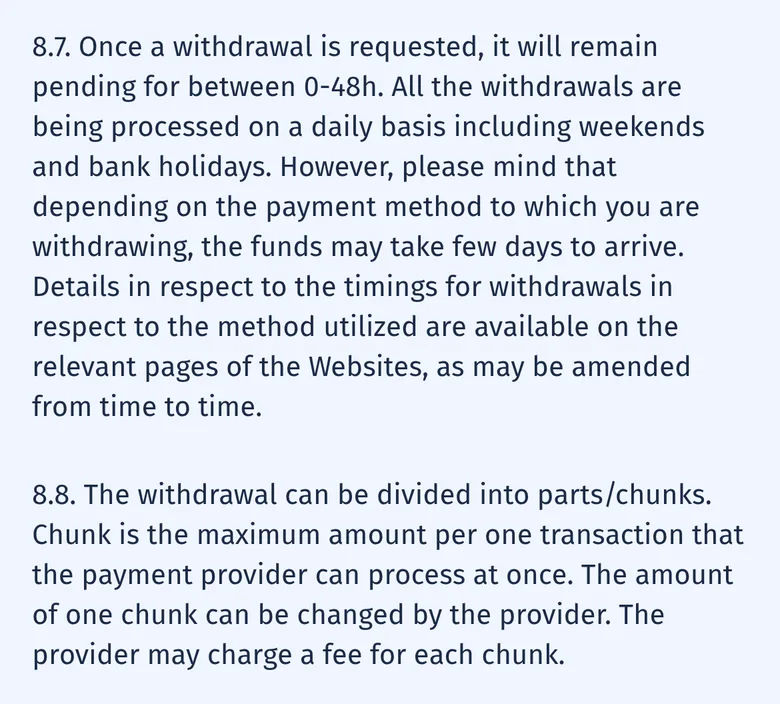 SpinCity T&C clauses 8.7 and 8.8 on withdrawal processing and split payouts