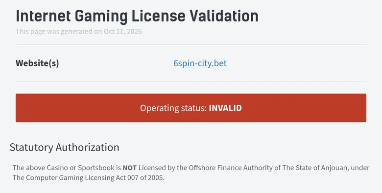 Anjouan licence validator for 6spin-city.bet showing status INVALID