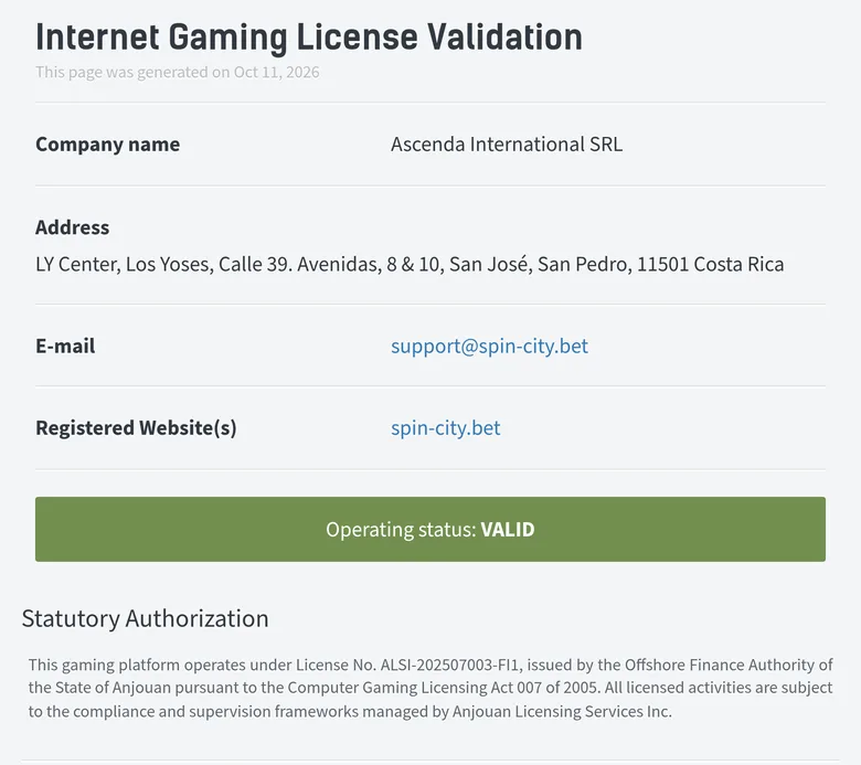 Anjouan licence validator showing Ascenda International SRL, spin-city.bet, status VALID