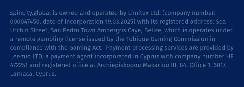 SpinCity site footer naming Limitex Ltd. of Belize and a Tobique licence