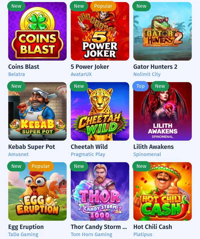 SpinCity slots lobby on a phone in New Zealand with game tiles and studio names