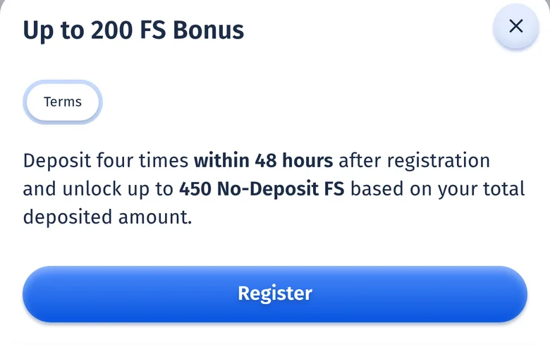 SpinCity no-deposit offer card: up to 200 free spins on the card, up to 450 in the details