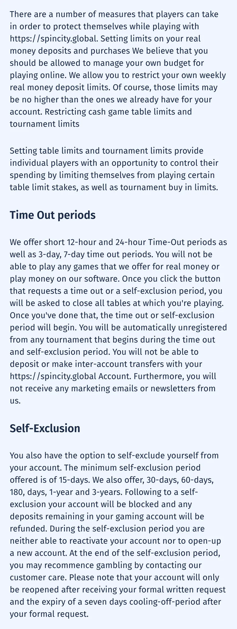 SpinCity Responsible Gambling page on deposit limits, time-outs and self-exclusion