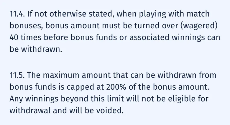 SpinCity T&C clauses 11.4 and 11.5 on 40x wagering and the 200% cash-out cap
