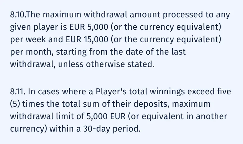 SpinCity T&C clauses 8.10 and 8.11 on weekly, monthly and 30-day withdrawal limits