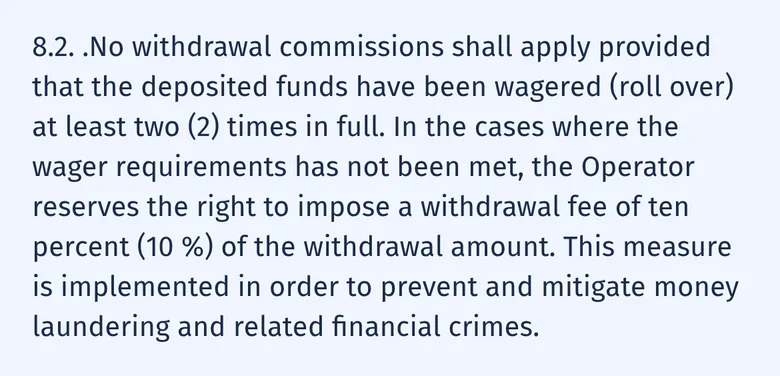 SpinCity T&C clause 8.2 on a 10% withdrawal fee