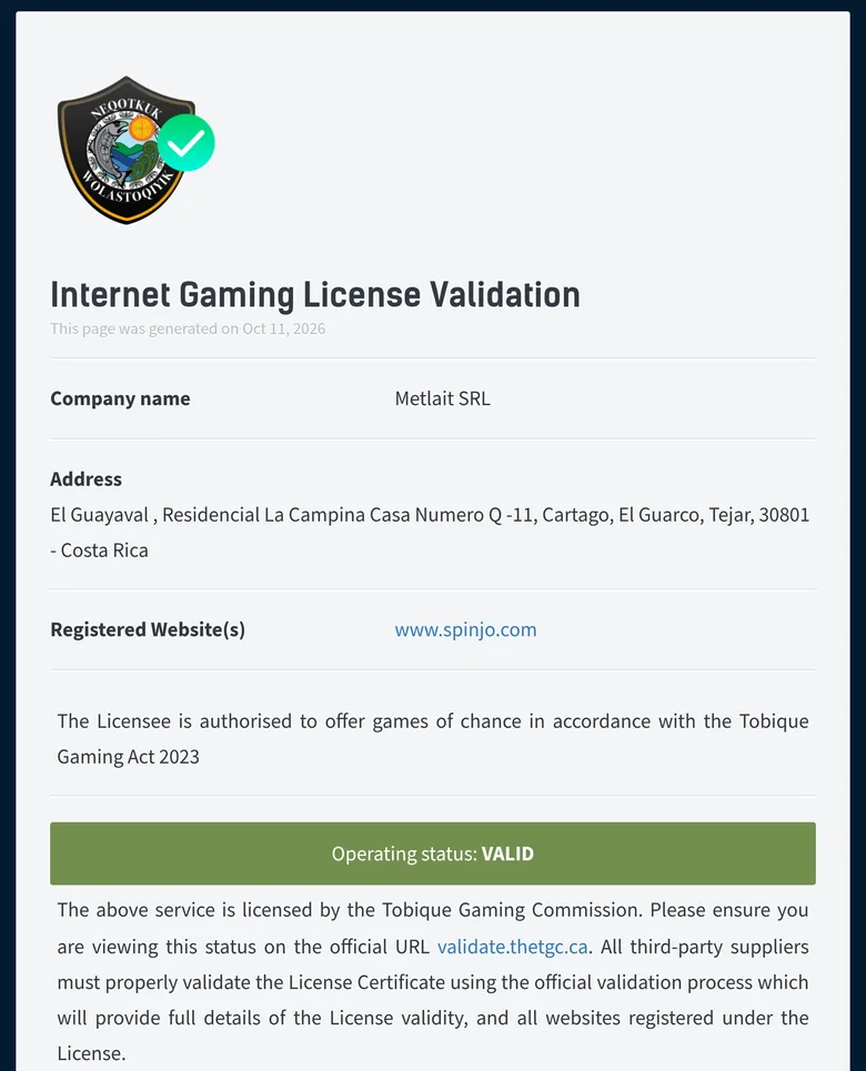 Tobique Gaming Commission validation page for www.spinjo.com showing Metlait SRL and operating status VALID