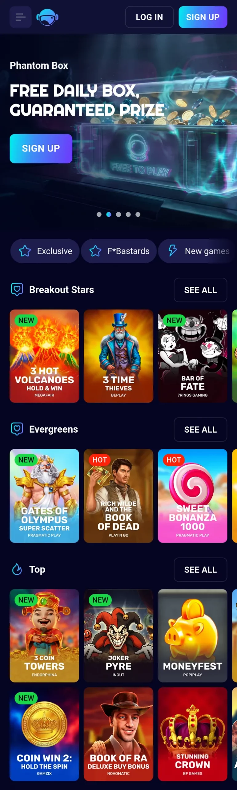 Spinjo home page and lobby on a phone in New Zealand with the Breakout Stars, Evergreens and Top rows